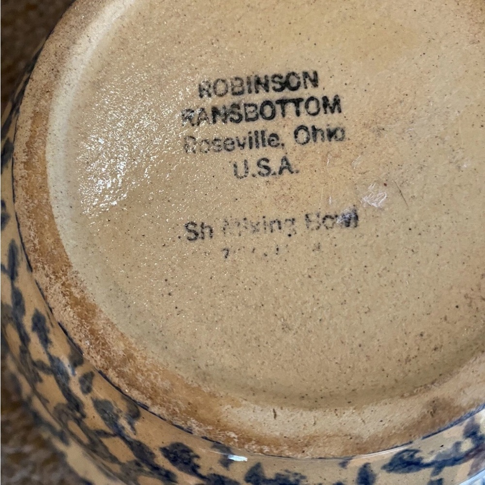 Vintage Robinson Ransbottom Pottery Roseville, OH Mixing Bowl Blue Spongeware - Picture 7 of 12